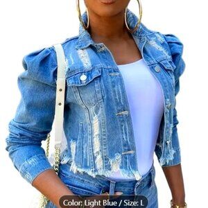 ✨NEW✨ Women's Cropped Distressed Denim Jacket - Light Blue - L